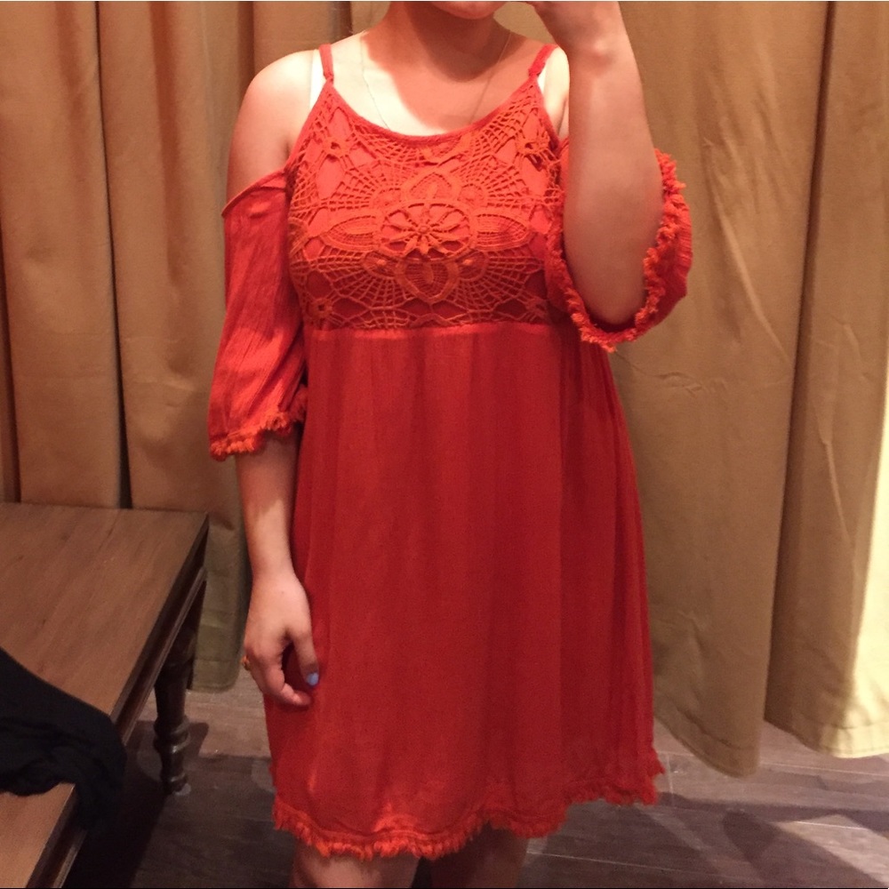 Orange Francesca’s Open-Shouldered Dress